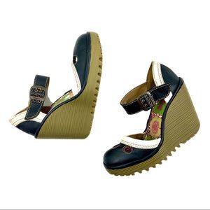 FLY London Pammy Navy Leather Mary Jane Wedge 35.